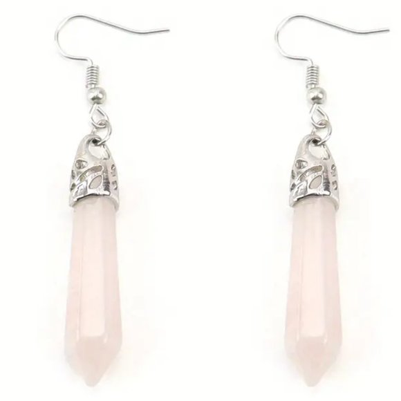 Rose Quartz Natural Stone Gemstone Hexagon Point Healing Stone Dangle Earrings - Picture 2 of 3